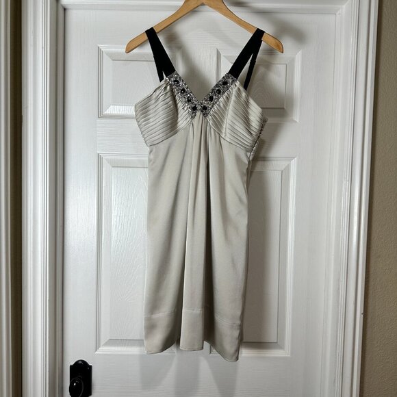 BCBG MAXAZRIA Beaded/Sequined Neckline Cream Pleated Dress size 8P - Picture 2 of 8